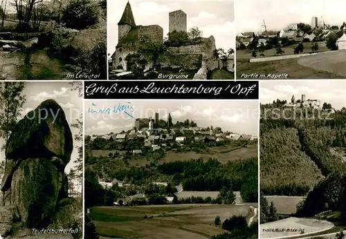 AK / Ansichtskarte Leuchtenberg Im Lerautal Burgruine Kapelle Teufelsbutterfass Panorama Strasse mit Burgblick Leuchtenberg