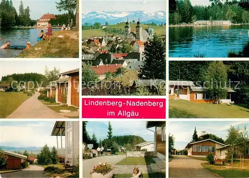 AK / Ansichtskarte Lindenberg_Allgaeu Familienferiendorf Nadenberg Bungalows Teilansichten Badesee Kirche Lindenberg Allgaeu