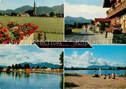 AK / Ansichtskarte Feldwies Ortsansicht mit Kirche Campingplatz Badestrand am Chiemsee Feldwies