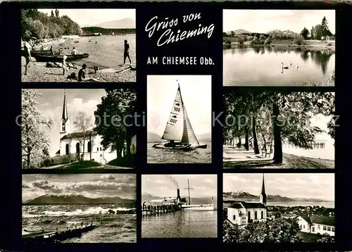 AK / Ansichtskarte Chieming_Chiemsee Teilansichten Badestrand Segeln Hafen Dampfer Alpenblick Chieming Chiemsee