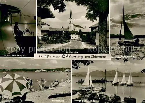 AK / Ansichtskarte Chieming_Chiemsee Abend am Zeltplatz Dorfstrasse Kirche Segeln Badestrand Seglerhafen Chieming Chiemsee