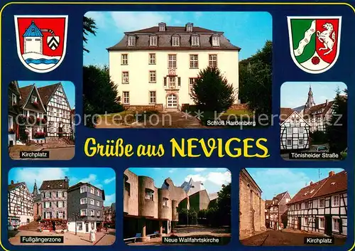 AK / Ansichtskarte Neviges_Velbert Kirchplatz Schloss Hardenberg Toenisheider Strasse Fussgaengerzone Wallfahrtskirche Fachwerkhaeuser Wappen Neviges Velbert