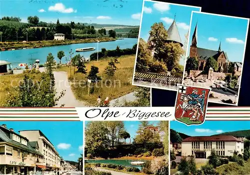 Olpe_Biggesee Seepanorama Turm Kirche Strassenpartie Weiher Rathaus Olpe Biggesee