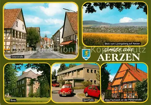 Aerzen Osterstrasse Blick vom Lueningsberg Burg Sporthalle Altes Fachwerkhaus Aerzen