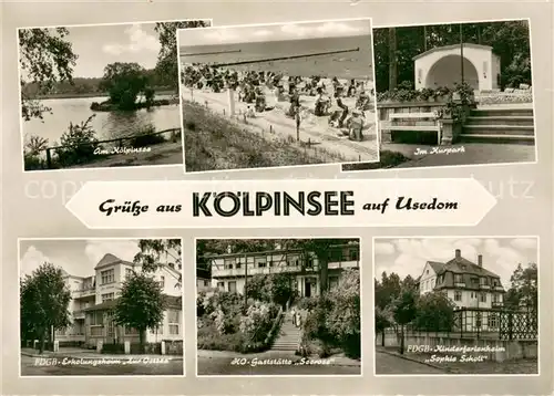 AK / Ansichtskarte Koelpinsee_Usedom Partie am Koelpinsee Strand Promenade Kurpark Musikpavillon FDGB Erholungsheim HO Gaststaette FDGB Kinderferienheim Sophie Scholl Koelpinsee Usedom