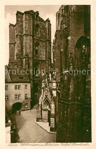 AK / Ansichtskarte Neisse_Oberschlesien Glockenturm und Portal der katholischen Pfarrkirche Neisse_Oberschlesien