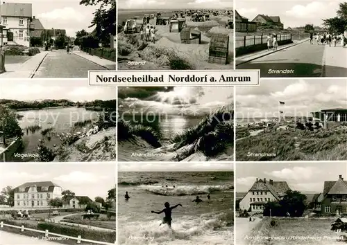 AK / Ansichtskarte Norddorf_Amrum Strand Strandhalle Abendstimmung Duenen Vogelkoje Ambronenhaus Kinderheim Brandung Anlagen bei Huettmann Norddorf Amrum