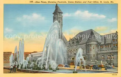 AK / Ansichtskarte St_Louis_Missouri The Aloe Fountain 19 bronze figures and Mississippi Rivers The new Federal Post Office in the background St_Louis_Missouri