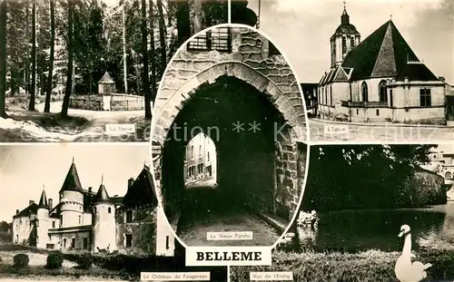 AK / Ansichtskarte Belleme La Herse LEglise Le Chateau de Fougereys La Vieux Porche Vue de l Etang Belleme