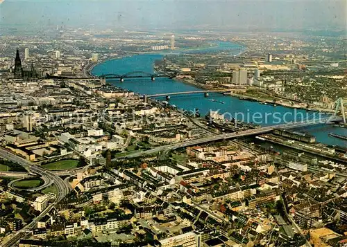 AK / Ansichtskarte Koeln_Rhein Fliegeraufnahme Rhein mit Dom und Severinsbruecke Deutzer Bruecke Hohenzollernbruecke Zoobruecke Koeln_Rhein