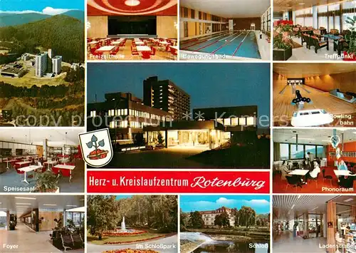 AK / Ansichtskarte Rotenburg_Fulda Fliegeraufnahme Freizeithalle Bewegungsbad Treffpunkt Bowlingbahn Speisesaal Phonoraum Foyer Schloss Park Ladenstrasse Rotenburg Fulda