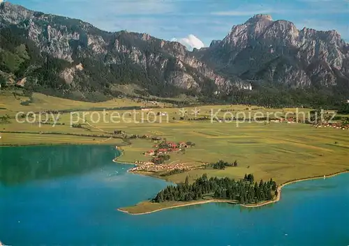 AK / Ansichtskarte Brunnen_Schwangau Fliegeraufnahme mit Forggensee Branderschrofen Tegelbergbahn Saeuling und Koenigsschloesser Brunnen Schwangau