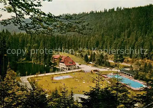 AK / Ansichtskarte Freudenstadt Langenwaldsee mit Waldschwimmbad Hotel Cafe Heilklimatischer Hoehenkurort im Schwarzwald Freudenstadt