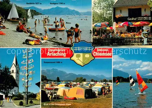 AK / Ansichtskarte Arlaching Campingplatz Kupferschmiede Badestrand Maibaum Kirche Gasthof Windsurfen Arlaching