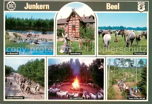 AK / Ansichtskarte Hilter_Ems Ferienhof Junkern Beel Bibersee Pferdezucht Reitwege Lagerfeuer Treck Hilter Berge Hilter_Ems