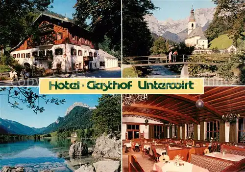 AK / Ansichtskarte Ramsau_Berchtesgaden Hotel Gasthof Unterwirt Kirche Partie am Wasser Ramsau Berchtesgaden