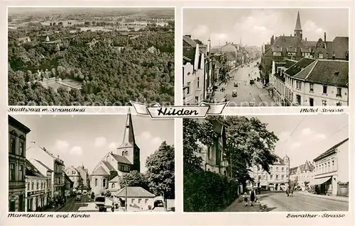 AK / Ansichtskarte Hilden_Mettmann Stadtwald Strandbad Mittelstrasse Marktplatz mit ev Kirche Benrather Strasse Hilden Mettmann