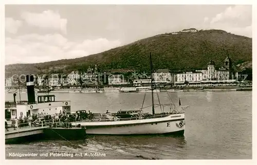 AK / Ansichtskarte Koenigswinter Bootsanleger Rhein Autofaehre Blick zum Petersberg Koenigswinter