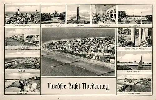 AK / Ansichtskarte Norderney_Nordseebad Dampferanlegestelle Leuchtturm Wellenbad Kurhaus marienhoehe Kaiserstrasse Strand Sturmflut Nordstrand Fliegeraufnahme Norderney_Nordseebad