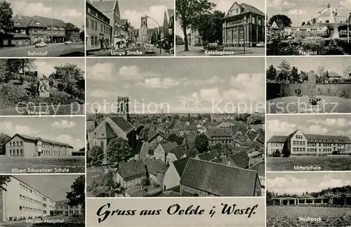 AK / Ansichtskarte Oelde Teilansichten Bahnhof Kolpinghaus Freibad Ehrenmal Schule Hospital Stadtpark Oelde