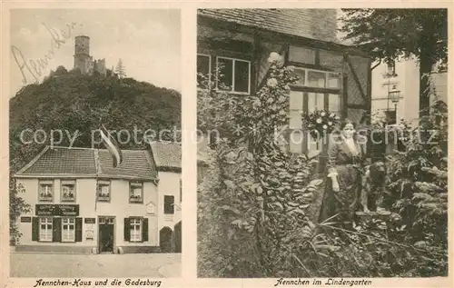 AK / Ansichtskarte Bad_Godesberg Aennchen Haus und die Godesburg Aennchen im Lindengarten Lindenwirtin Burschengruss Bad_Godesberg