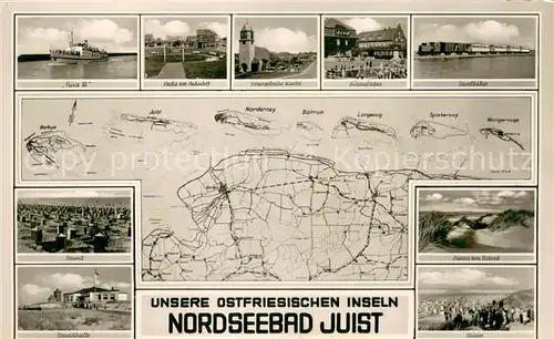 AK / Ansichtskarte Juist_Nordseebad MS Frisia XV Bahnhof Inselkarte Strand Ev Kirche Kuranlagen Inselbahn Duenen Juist_Nordseebad