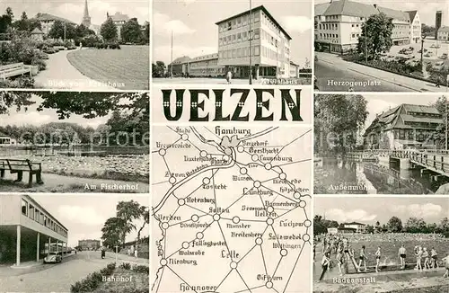 AK / Ansichtskarte Uelzen_Lueneburger_Heide Blick vom Kreishaus Herzogenplatz Fischerhof Aussenmuehle Bahnhof Badeanstalt Uelzen_Lueneburger_Heide