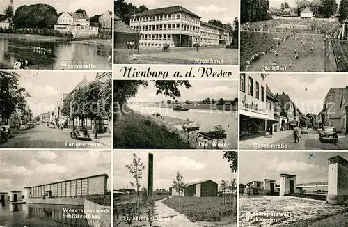 AK / Ansichtskarte Nienburg_Weser Kreishaus Stadtbad Langestrasse Weser Georgstrasse Wesersperrwerk Schluesselburg und Drakenburg St Michael Kirche  Nienburg Weser