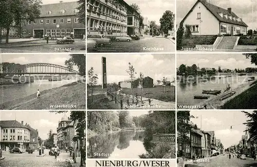 AK / Ansichtskarte Nienburg_Weser Bahnhof Kreishaus Jugendherberge Weserbruecke St Michael Kirche Weserpartie Film Eck Stadtgrabem Langestrasse Nienburg Weser