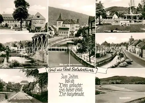 AK / Ansichtskarte Bad_Salzdetfurth Baehaus Gradierwerk Jugendherberge Hotel Kronprinz Schwimmbad Ortspartie Waldstadion Bad_Salzdetfurth