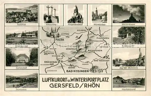 AK / Ansichtskarte Gersfeld_Rhoen Stadtbild Kreuzberg Kriegerdenkmal Marktplatz Wasserkuppe Schwimmbad Fuldaquelle Kuranstalt Sportplatz Wachtkueppel Gersfeld Rhoen