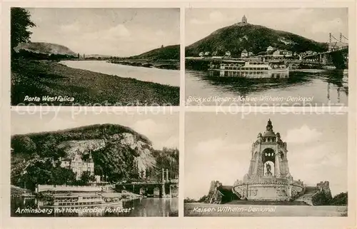 AK / Ansichtskarte Porta_Westfalica Uferpartie an der Weser Dampfer Kaiser Wilhelm Denkmal Arminsberg Hotel Grosser Kurfuerst Feldpost Porta_Westfalica