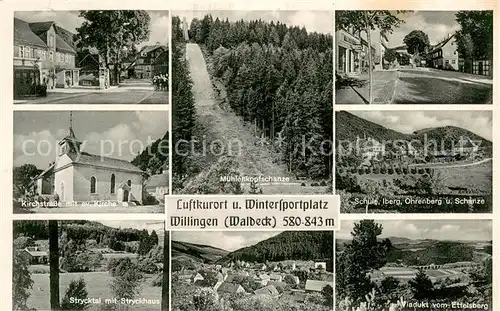 AK / Ansichtskarte Willingen_Sauerland Kirchstrasse mit Ev Kirche Strycktal mit Stryckhaus Muehlenkopfschanze Schule Iberg Ohrenberg und Schanze Viaduktvom Ettelsberg Willingen_Sauerland