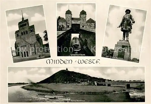 AK / Ansichtskarte Minden_Westfalen Dom Schachtschleuse Denkmal Der Grosse Kurfuerst Weser Dampfer Kaiser Wilhelm Denkmal Porta Westfalica Minden_Westfalen