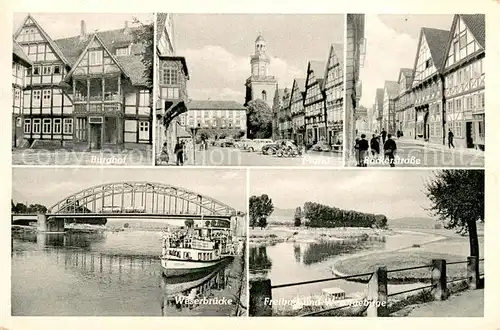 AK / Ansichtskarte Rinteln Burghof Markt Baeckerstrasse Weserbruecke Freibad am Wesergebirge Rinteln