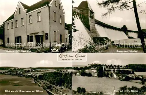 AK / Ansichtskarte Guenne_Moehnesee Gasthof Pension Jos Luig Moehnetalsperre Sperrmauer Kirche Panorama Guenne Moehnesee