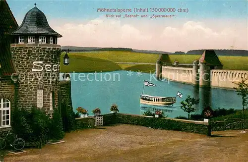 AK / Ansichtskarte Koerbecke_Moehnesee Moehnetalsperre mit Hotel Seehof und Sperrmauer Koerbecke Moehnesee