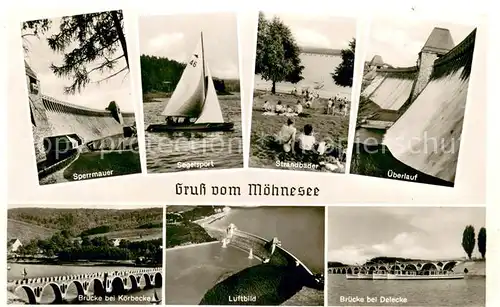 AK / Ansichtskarte Koerbecke_Moehnesee Sperrmauer Strandbaeder ueberlauf Viadukt Bruecke bei Delecke Koerbecke Moehnesee