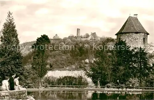 AK / Ansichtskarte Weinheim_Bergstrasse Zwei Burgen Blick im Schlosspark Weinheim_Bergstrasse