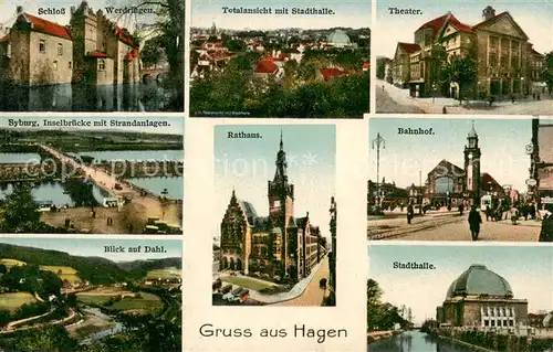 AK / Ansichtskarte Hagen_Selbecketal Rathaus Totalansicht Theater Bahnhof mit Strassenbahn Syburg mit Inselbruecke Dahl Schloss  Werdringen Hagen Selbecketal