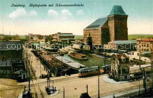 AK / Ansichtskarte Duisburg_Ruhr Hafenpartie mit Schwanentorbruecke Strassenbahn Duisburg Ruhr