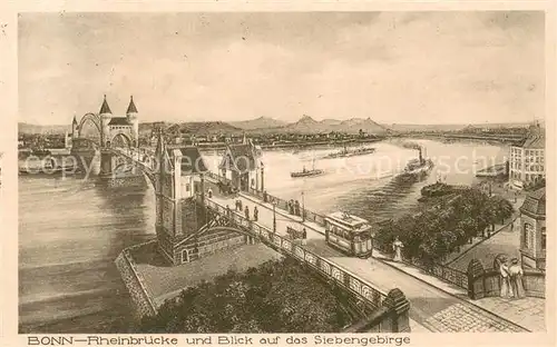 AK / Ansichtskarte Bonn_Rhein Rheinbruecke Strassenbahn Blick auf das Siebengebirge Kuenstlerkarte Bonn_Rhein