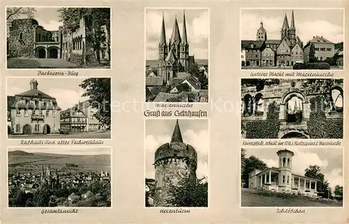 AK / Ansichtskarte Gelnhausen Barbarossa Burg Rathaus Fachwerkhaus Marienkirche Markt Kaiserpfalz Schloesschen Hexenturm Panorama Gelnhausen