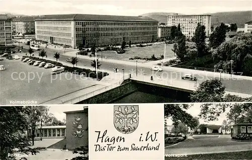 AK / Ansichtskarte Hagen_Westfalen Volmebruecke mit Strassenbahn Volkspark Parkhaus Hagen_Westfalen