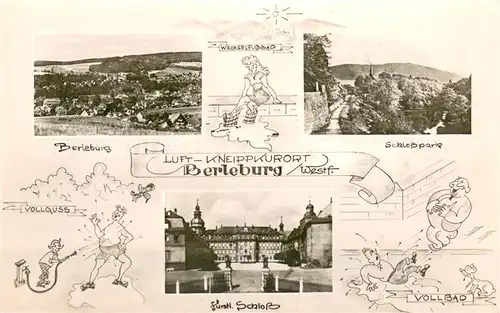 AK / Ansichtskarte Bad_Berleburg Panorama Schlosspark Fuerstliches Schloss Kneippanwendungen Karikaturen Bad_Berleburg