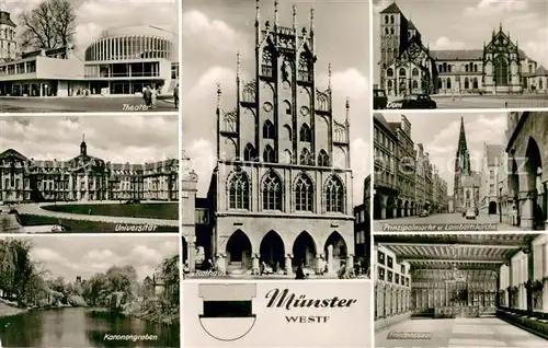 AK / Ansichtskarte Muenster_Westfalen Theater Universitaet Kanonengraben Rathaus Dom Prinzipalmarkt Lambertikirche Friedenssaal Muenster_Westfalen