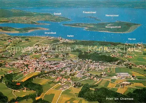 AK / Ansichtskarte Prien_Chiemsee Fliegeraufnahme mit Strandbad Hafen Gstadt Fraueninsel Herreninsel Koenigsschloss Harras Prien Chiemsee