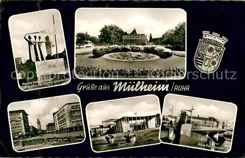 AK / Ansichtskarte Muelheim_Ruhr Blumenuhr am Wasserbahnhof Ruhrbruecke Stadthalle Friedrich Ebert Strasse Plastik Heinrich Adolfs Lebensfreude Die Drei Schreitenden Muelheim Ruhr