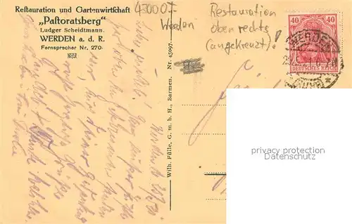 AK / Ansichtskarte Werden_Ruhr_Essen Restaurantion und Gartenwirtschaft Pastoratsberg 