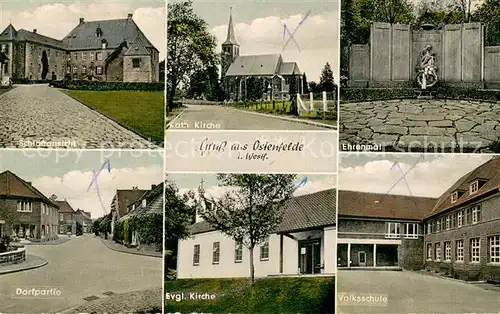 AK / Ansichtskarte Ostenfelde_Oelde Schlossansicht Kath Kirche Ehrenmal Dorfpartie Ev Kirche Volksschule Ostenfelde_Oelde